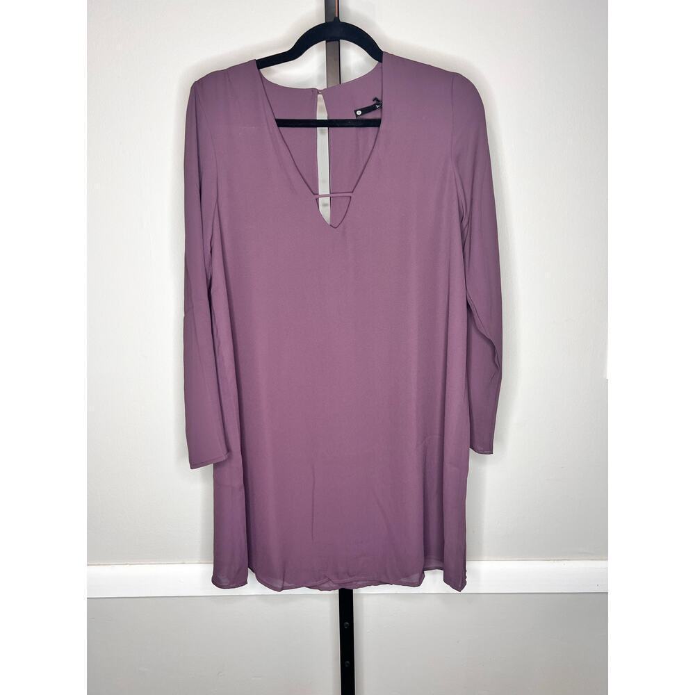 ☀️ Long Sleeve Deep V-Neck Shift Mini Dress Plum Purple Women's Size S NWT